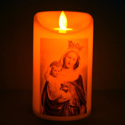 Premium Realistic Flameless Candle with Moving Wick Mother Mary Art