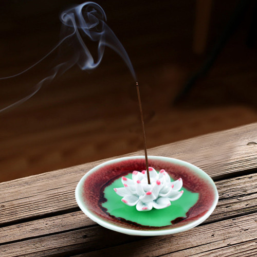 Ceramic handmade Lotus Incense Burner - Rich maroon base centered in green colour