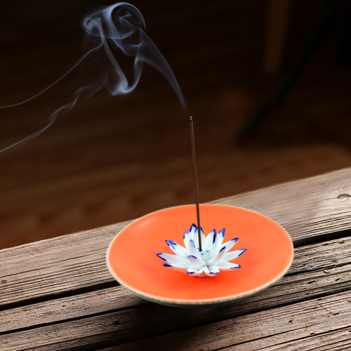 Ceramic handmade Lotus Incense Burner - Orange ceramic base