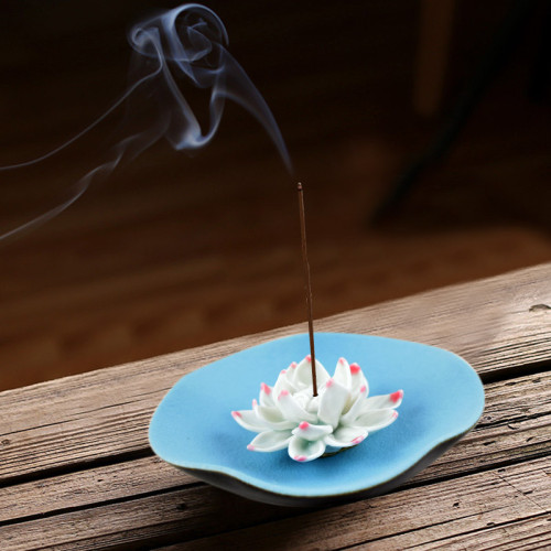 Ceramic Lotus Incense Burner  - Serene sky blue base