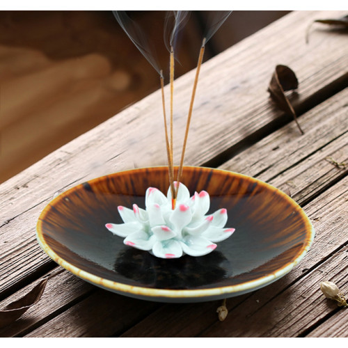 Ceramic handmade Lotus Incense Burner - Russet brown base with black hues