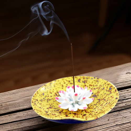 Ceramic handmade Lotus Incense Burner ; Light yellow ceramic base with brown sprinkled hues 